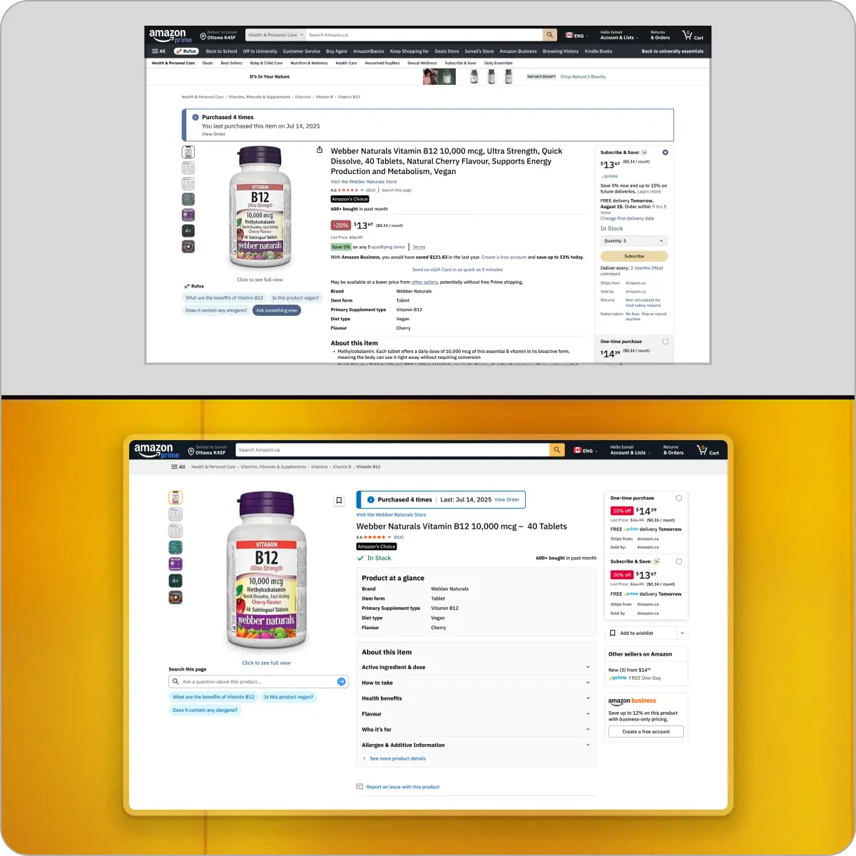 Amazon product page before and after redesign comparison