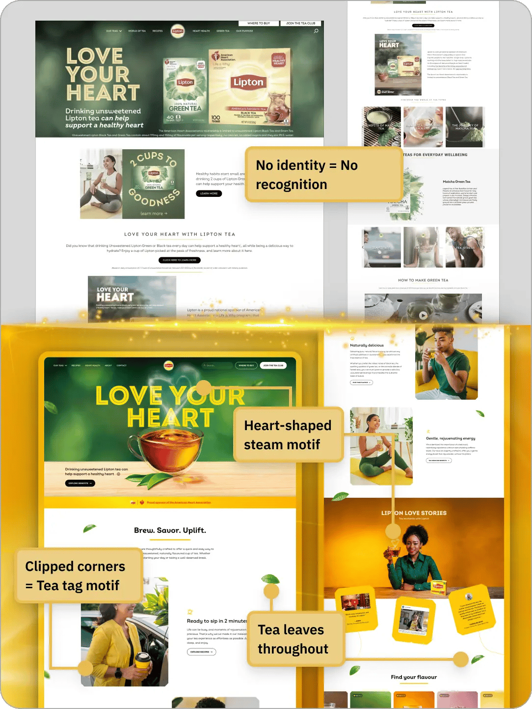 Lack of visual identity replaced with cohesive system using consistent motifs and brand-specific elements