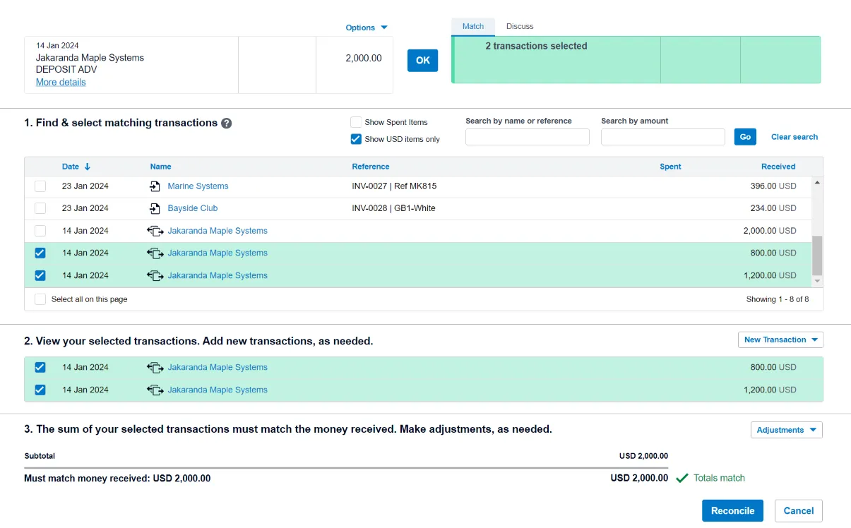 View in Xero of Reconciling Multiple Invoices Paid 