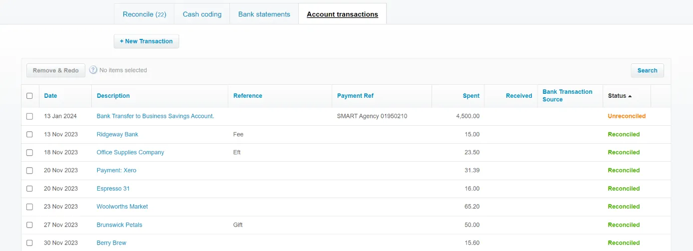 View of Xero when sorting transactions to identify those that have not been reconciled