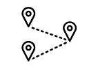 Icon showing a route with map pins representing logistics or service coverage.