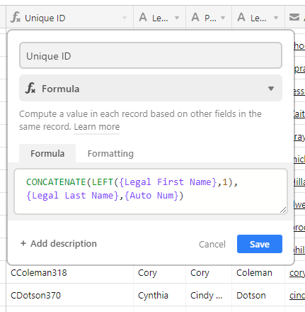 Screenshot of Airtable field formatting to generate a unique ID for each participant