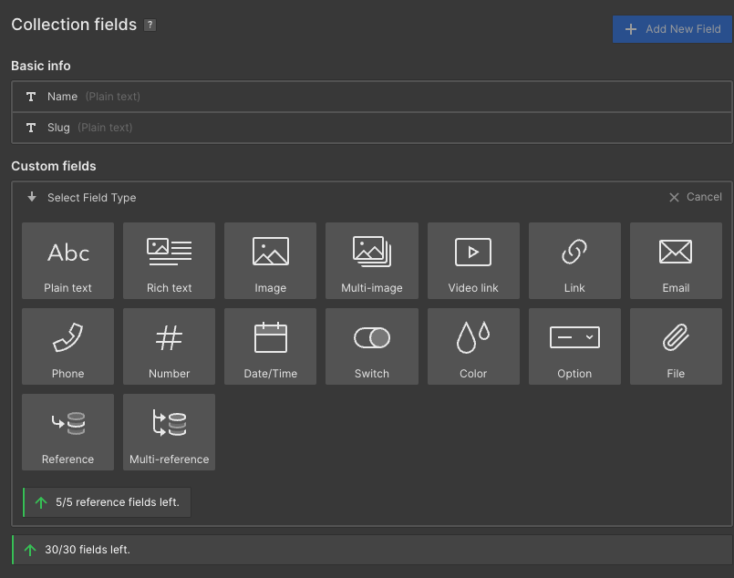 Screenshot of Webflow's CMS field options, which include plain text, rich text, image, multi-image, video link, link, email, phone, number, date/time, switch, color, option, file, reference, and multi-reference