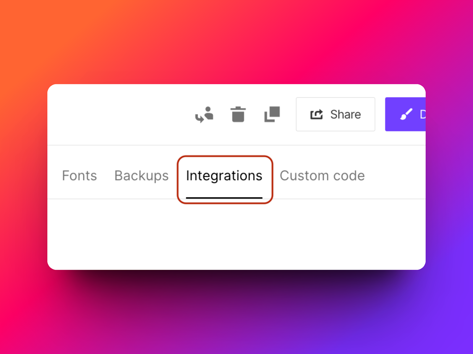 Image of navigating to the integrations tab in webflow