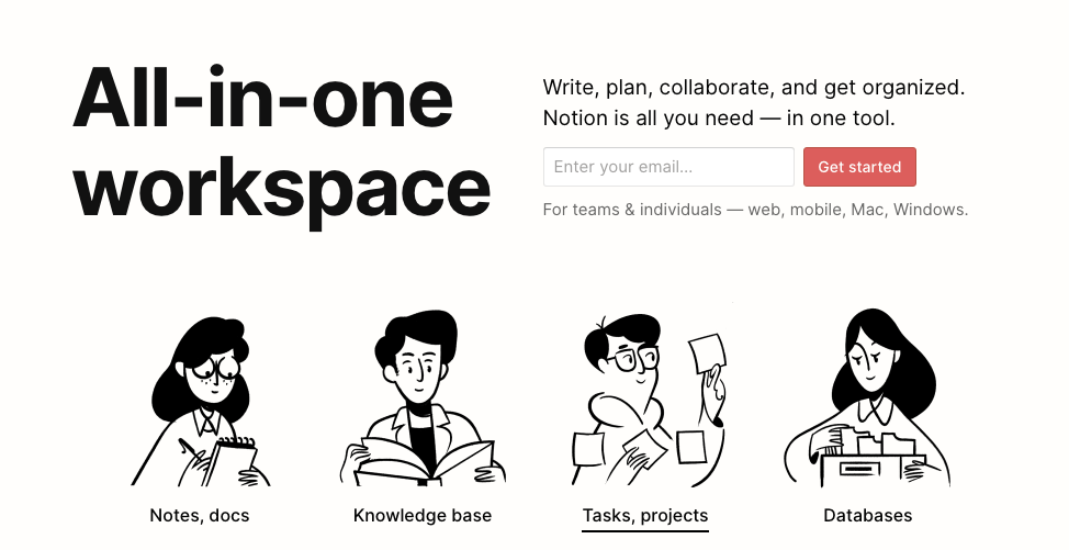 Image of Notion landing page, where you can see teasers of different features for Notion organization. 