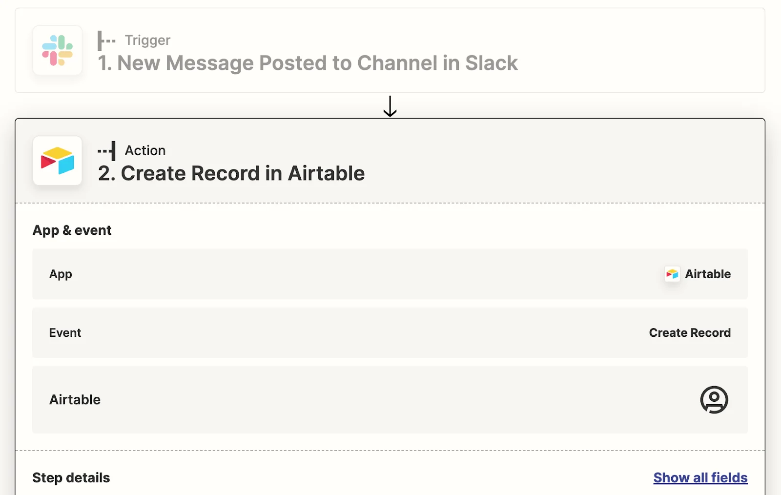 screenshot of the step 2 of the Zapier automation: creating a record in Airtable