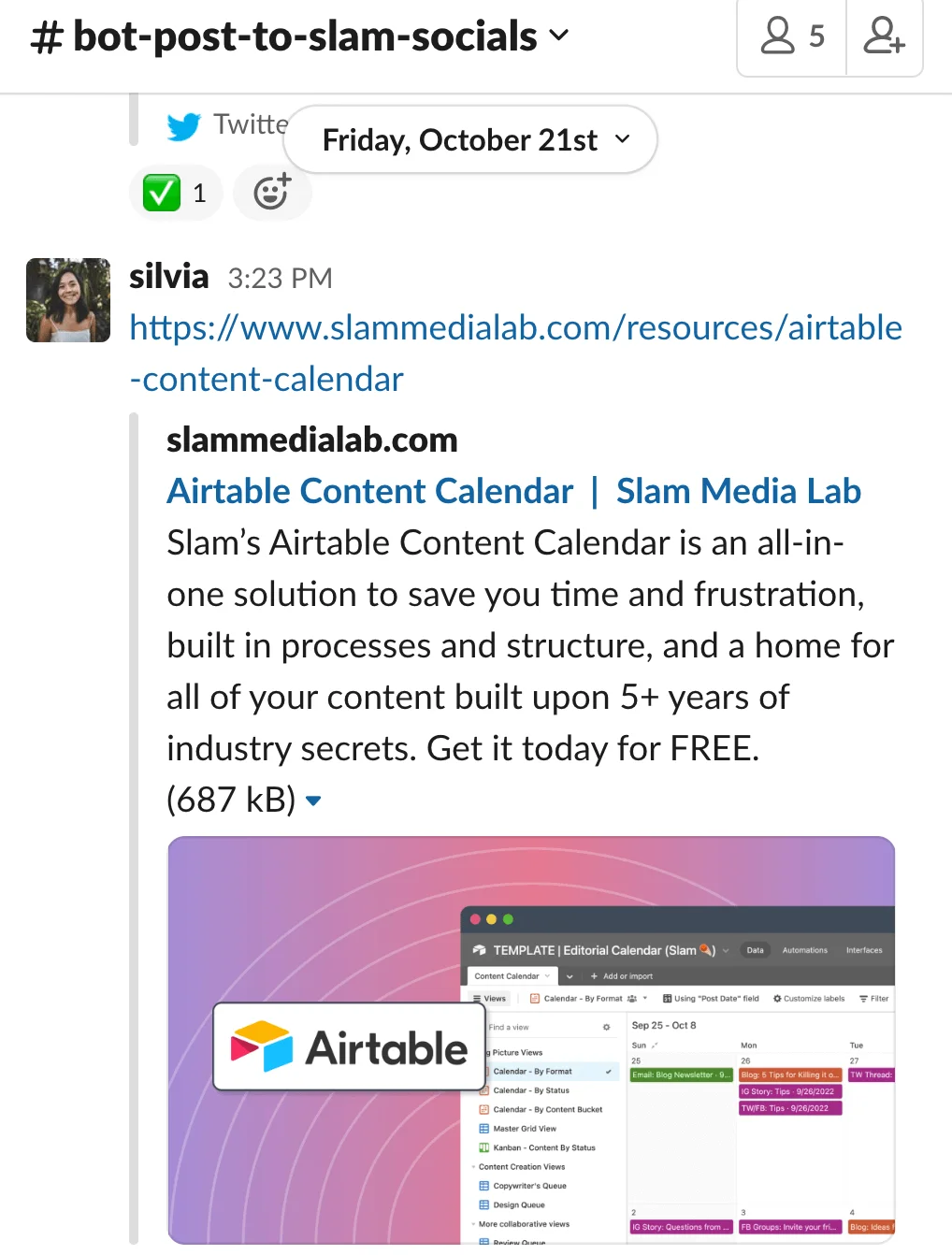 screenshot of the slack channel where we drop links that are automatically sent to our airtable base