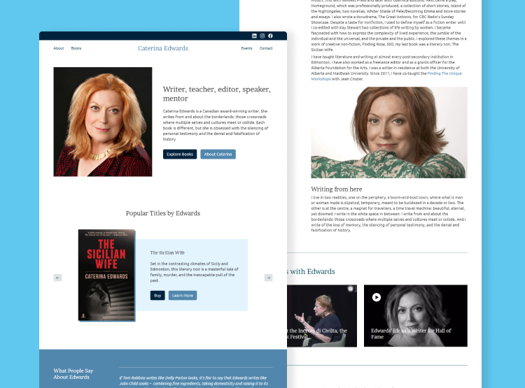 Images of the Caterina Edwards overlapping with a blue background