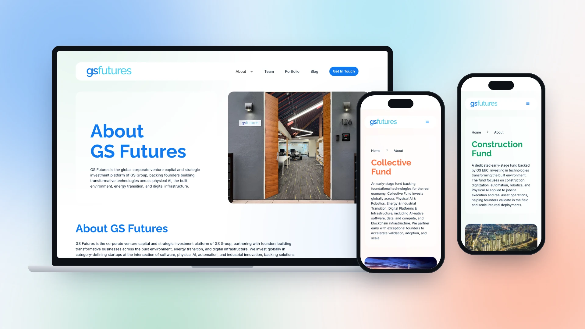GS Futures About and fund pages on laptop and mobile