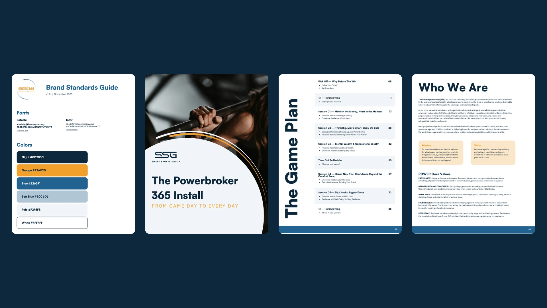 Brand standards guide next to finished workbook pages