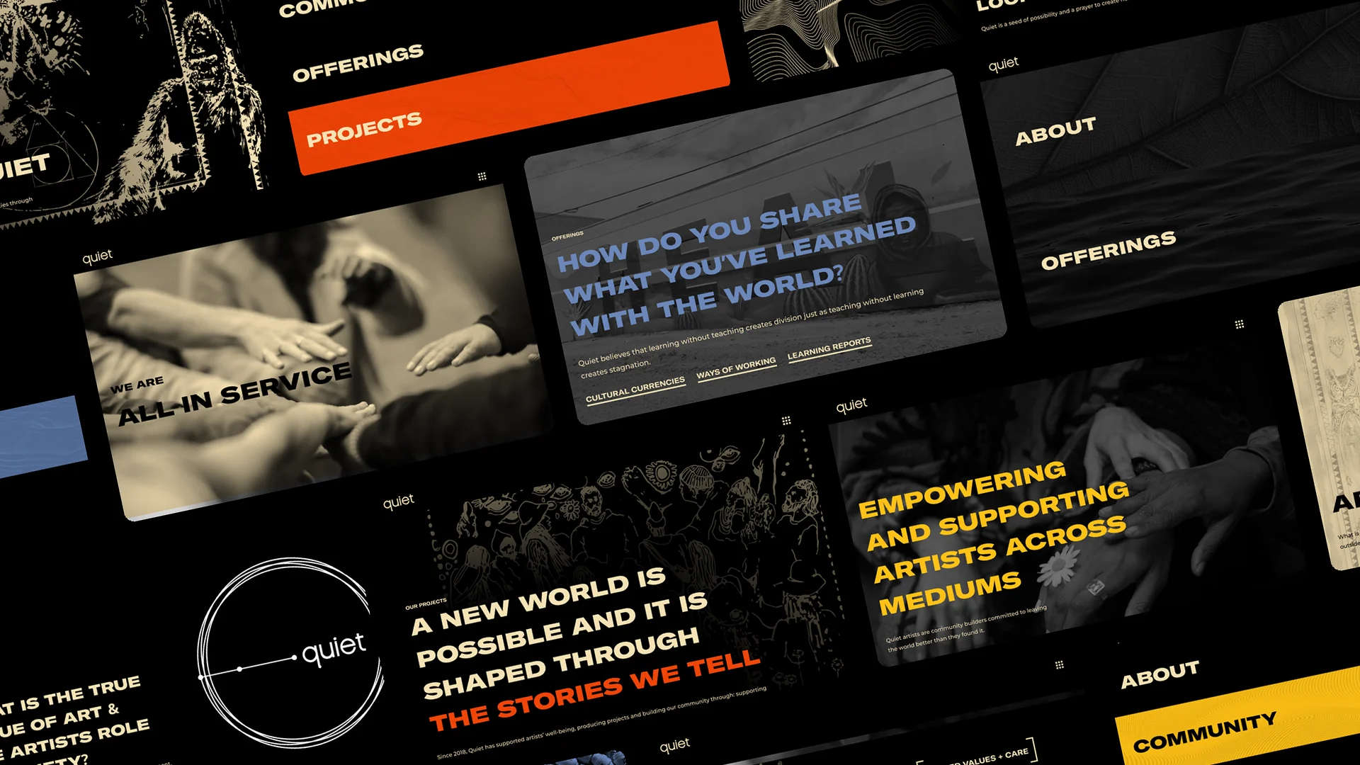 Angled collage of Quiet website pages and designs