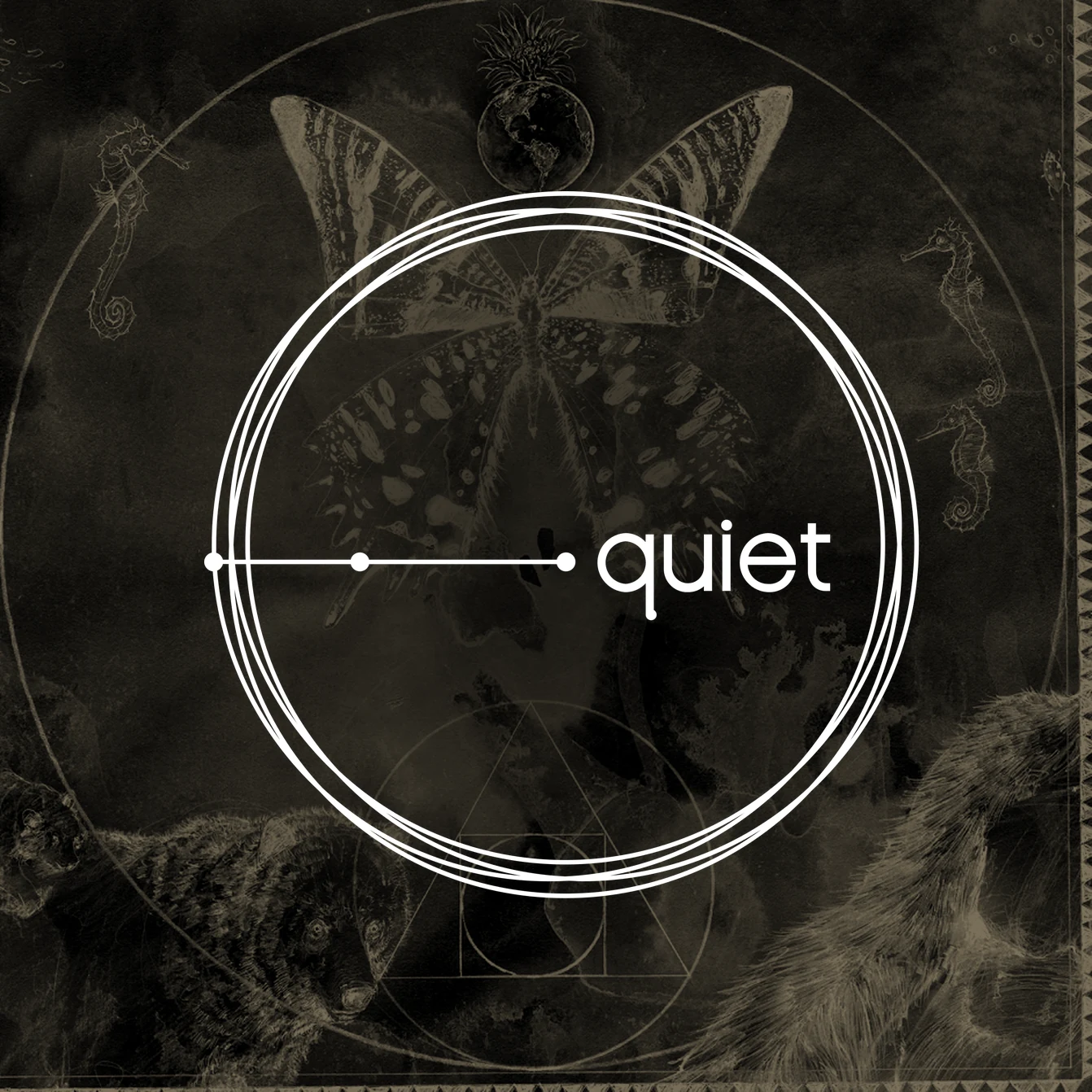 Quiet circle logo over Quiet's illustrated artwork of a butterfly, animals and sacred geometry