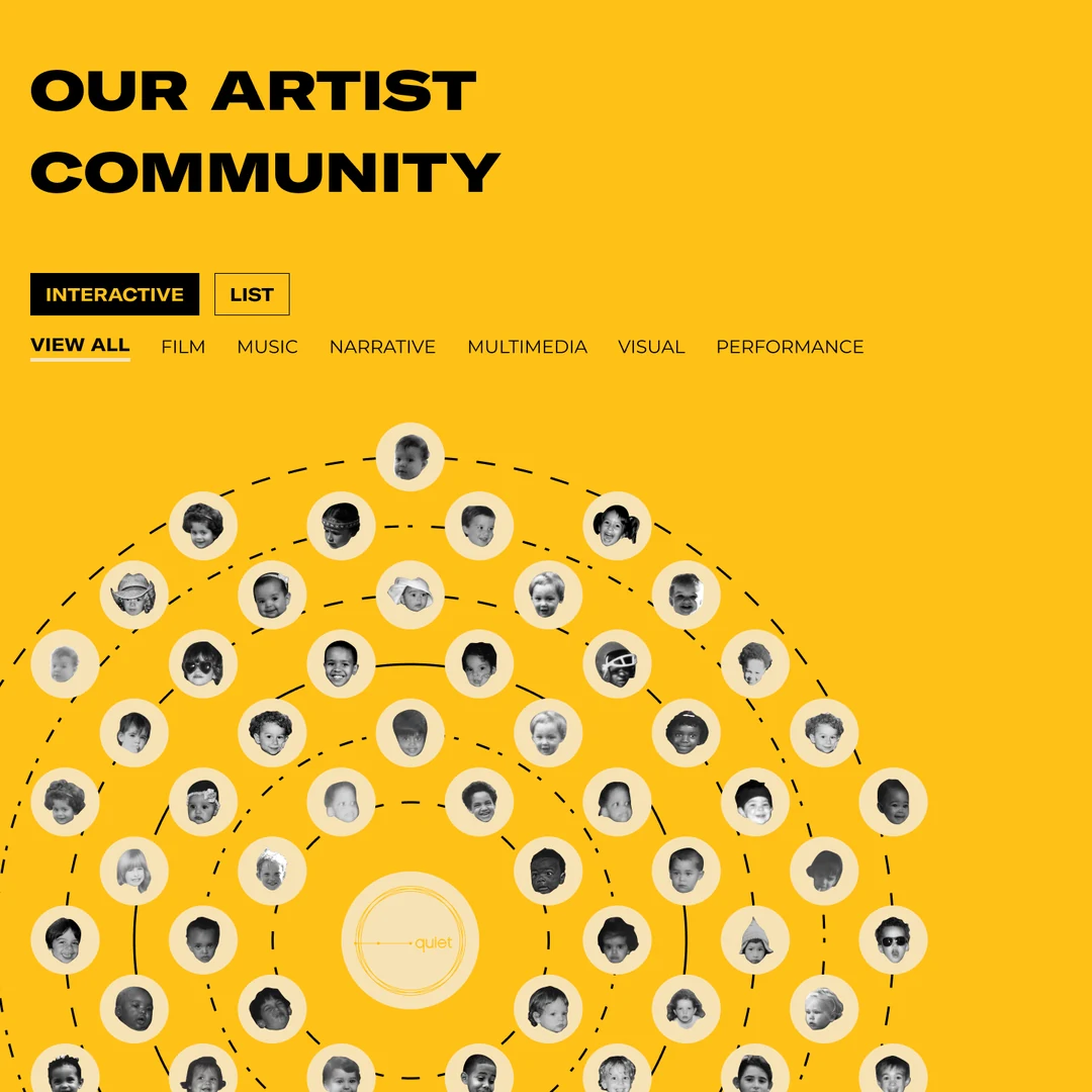 Quiet artist community page design, with artists arranged in a constellation