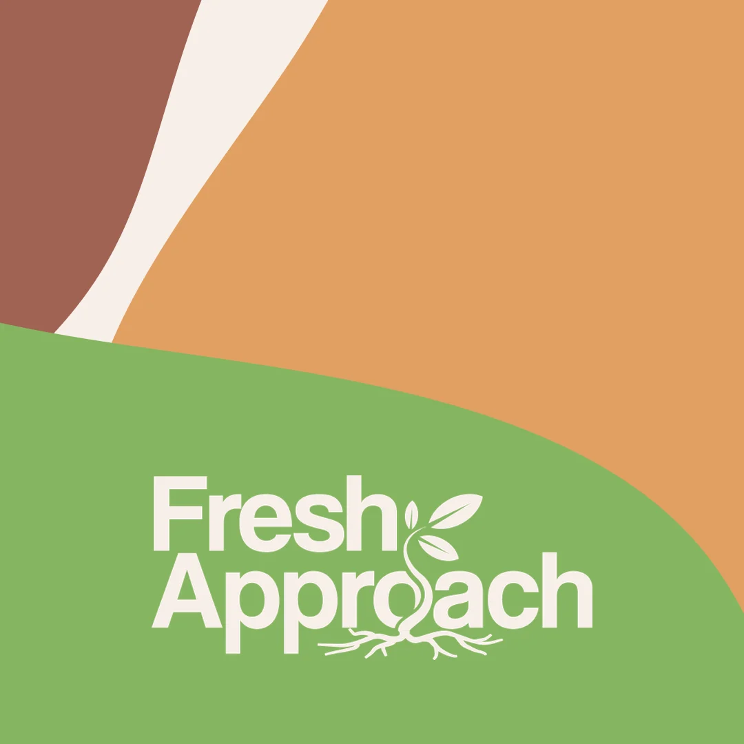Fresh Approach logo in Vanilla Cream on green, with brown and orange organic shapes above