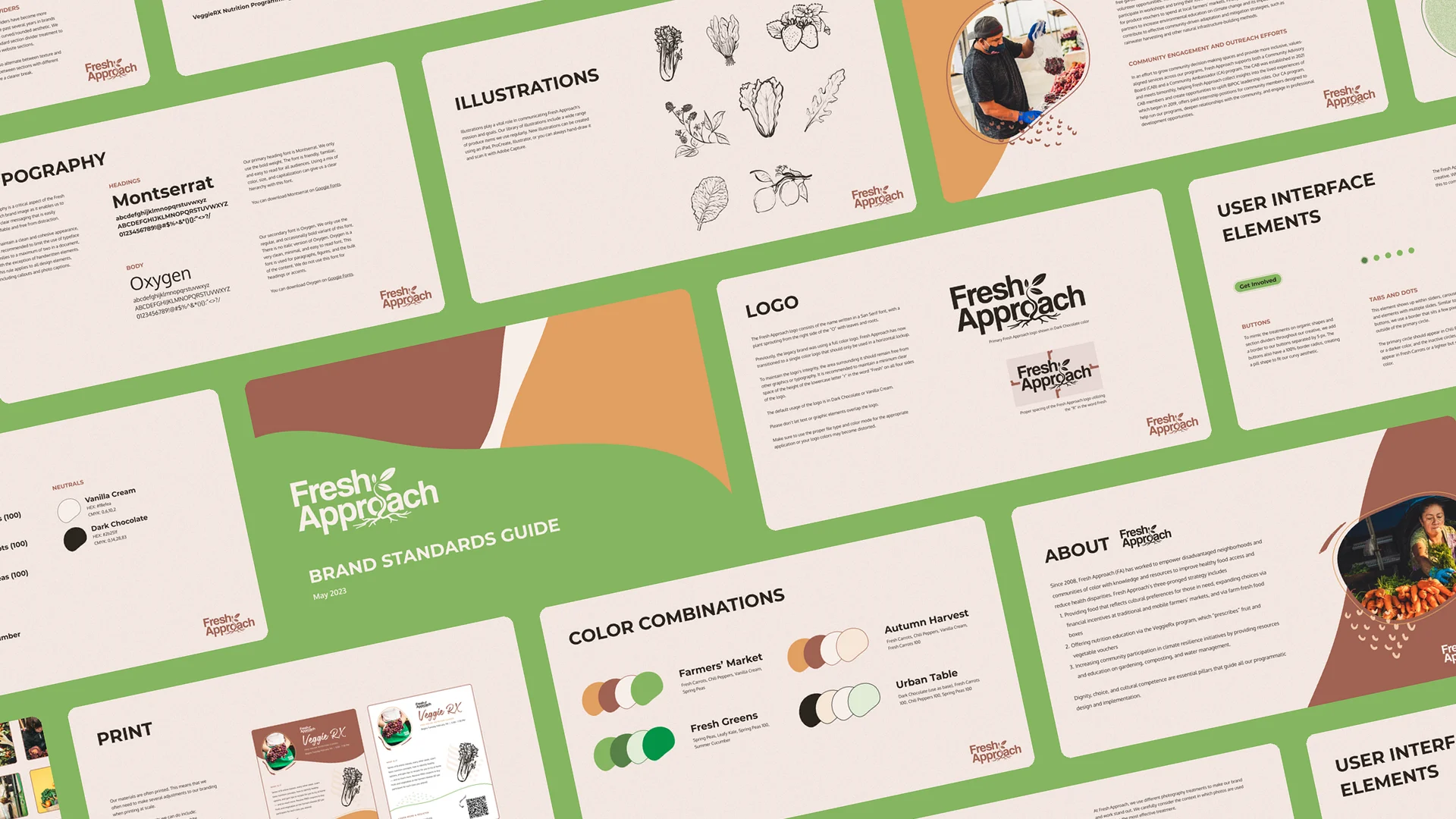 Angled wall of Fresh Approach brand guide pages, led by the cover, logo and color palette