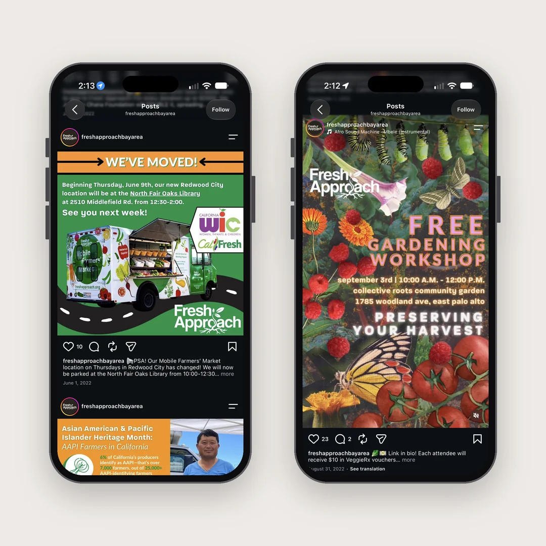 Two of Fresh Approach's old Instagram posts on iPhones, a moving notice and a gardening workshop flyer in very different styles