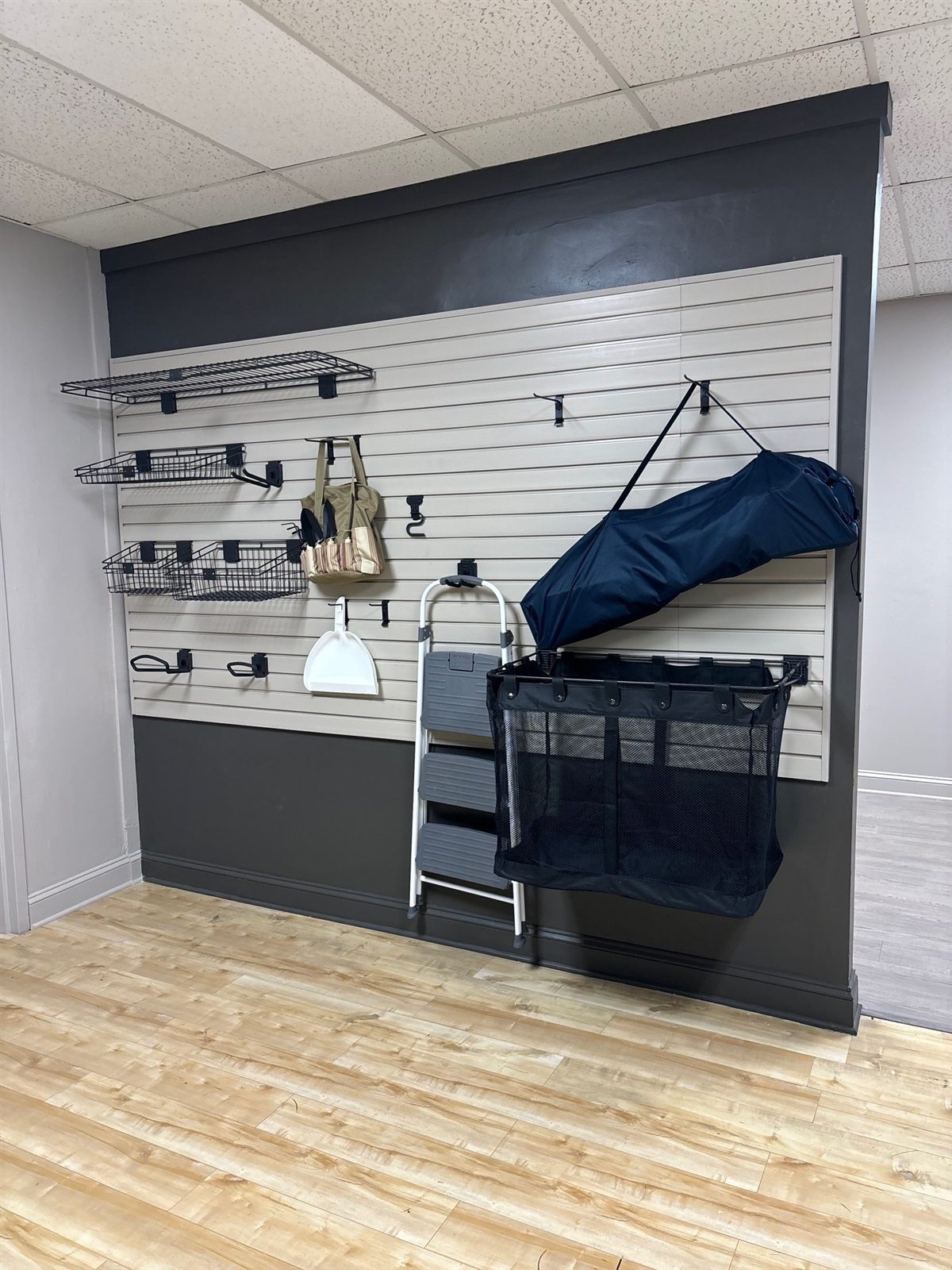 Garage slatwall storage display at the Niles, IL showroom