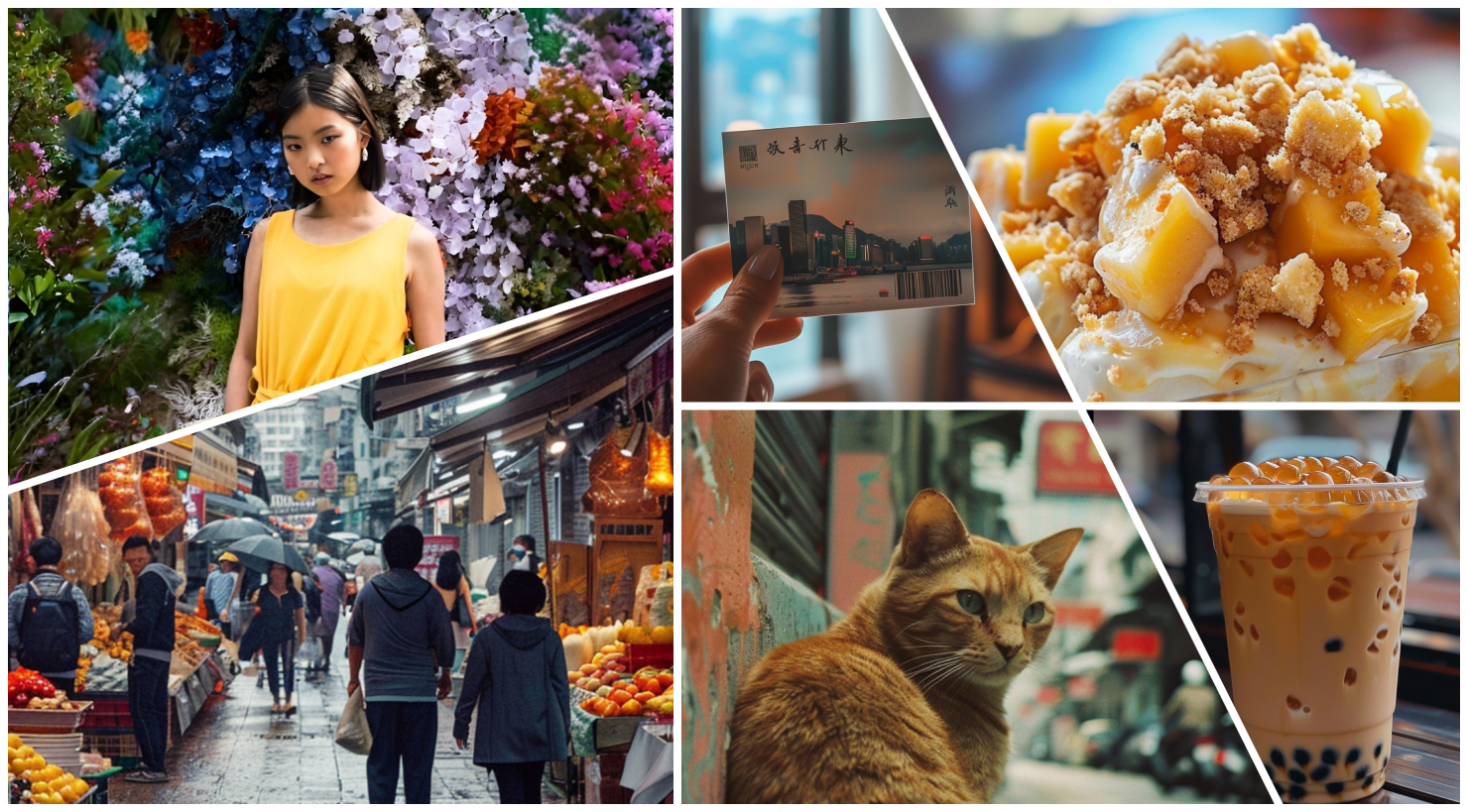 Photoleap photo collage: flowers, cityscape, dessert, market, cat, bubble tea