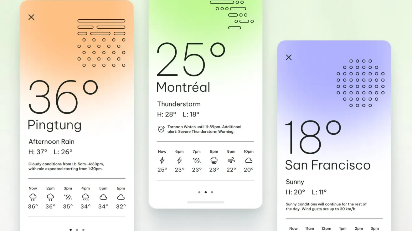 Weather app UI designs for Pingtung, Montréal, and San Francisco, showcasing adaptable layouts and color palettes.