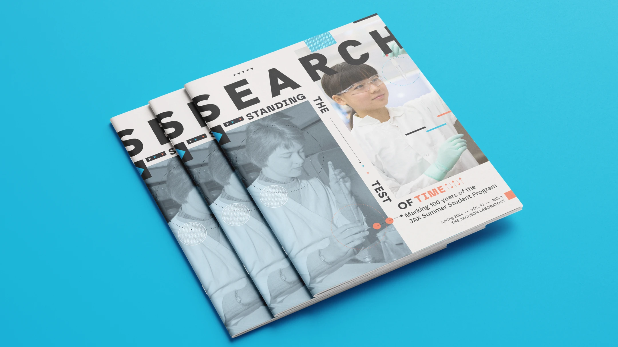 Search Magazine centennial issue layout highlighting scientific research and the Summer Student Program.