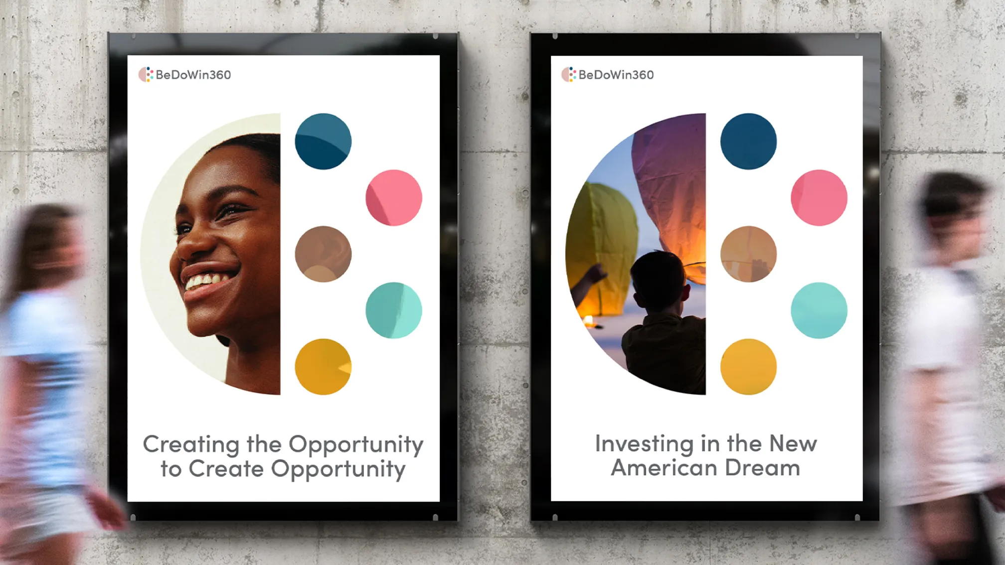 BeDoWin360 posters showcasing brand identity with photography and circular motifs.
