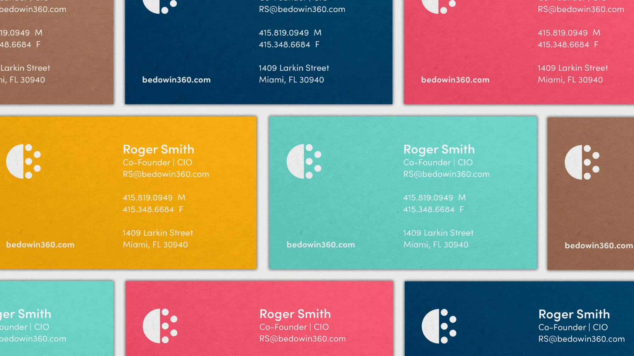 BeDoWin360 business card designs in multiple color variations.