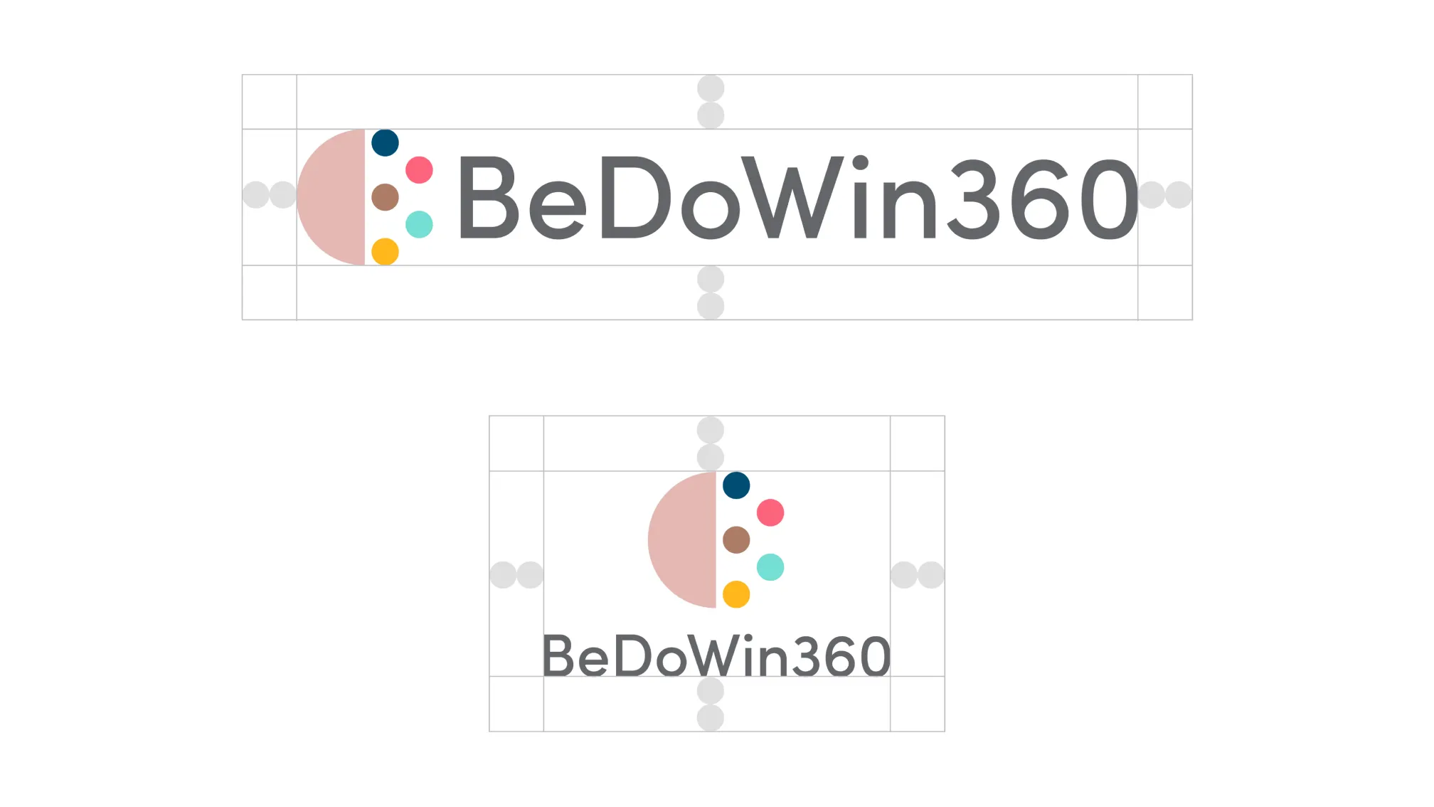 BeDoWin360 logo construction grid showing proportions and circular design elements.