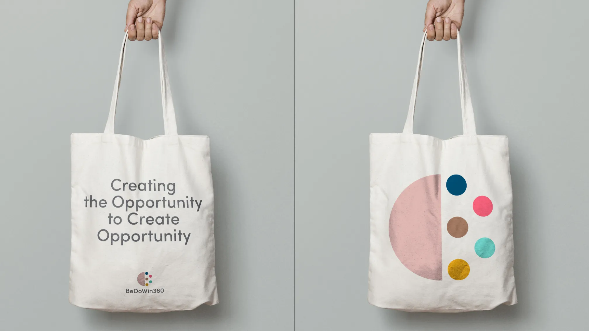 BeDoWin360 logo and brand pattern applied to white tote bags.
