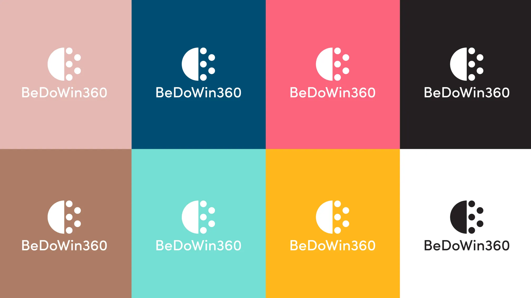 BeDoWin360 logo variations displayed in a multicolor palette.