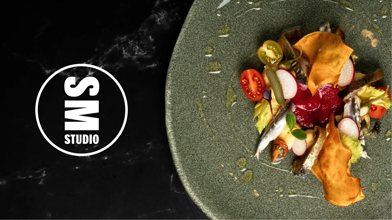 Sun Moon Studio brand identity featuring a seasonal dish with the SM Studio circular logo.