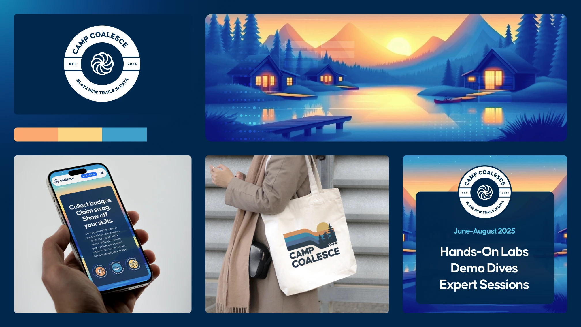 Camp Coalesce brand applications on mobile, tote bag, and promotional visuals.
