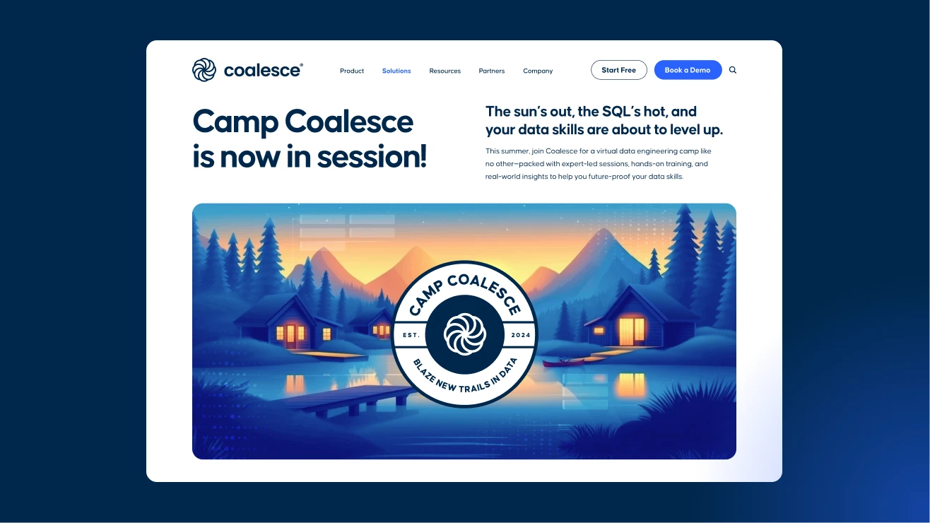 Hero banner illustration for Camp Coalesce 2025, featuring cabins by a lake with mountains at sunset.
