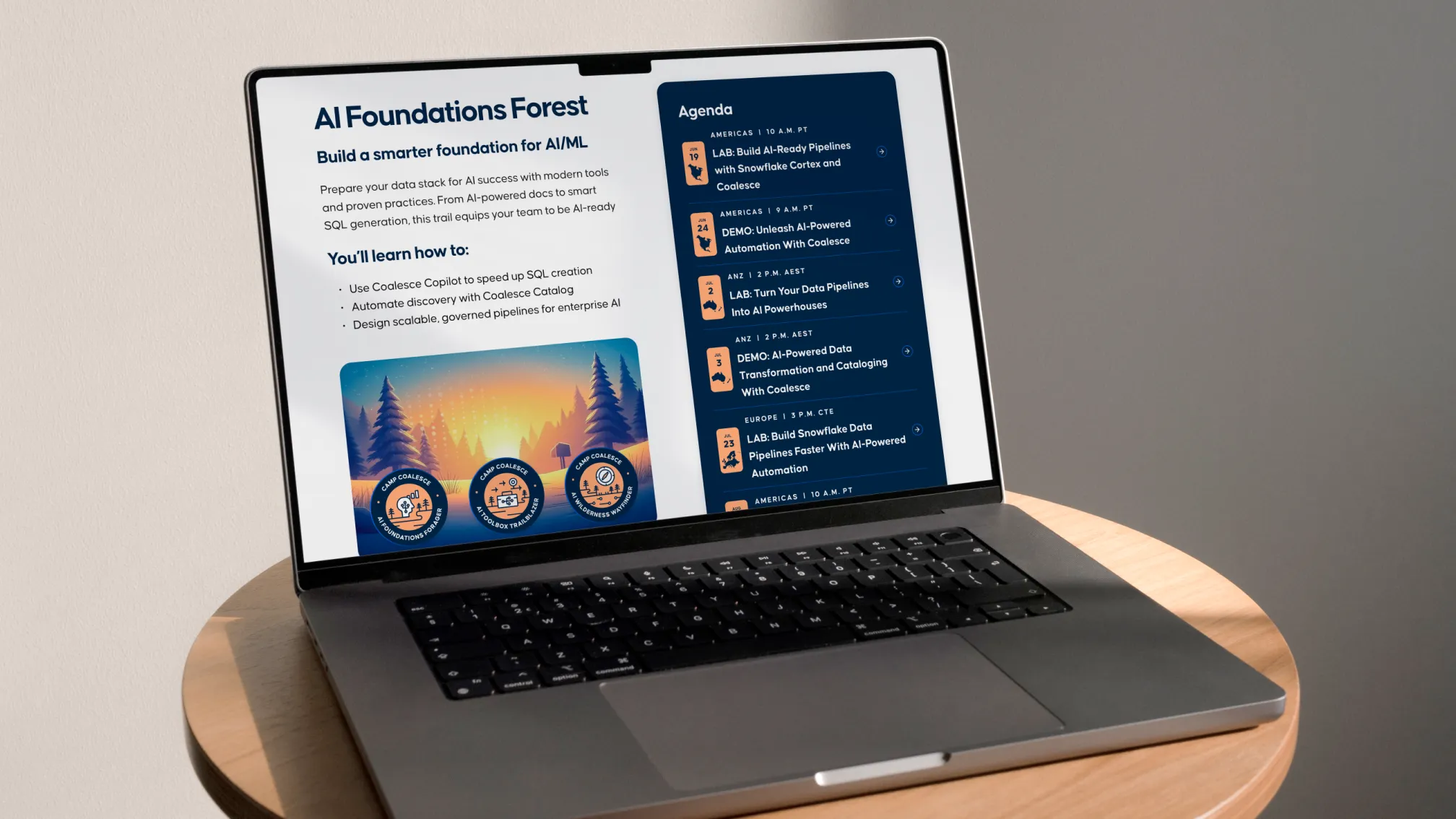 Camp Coalesce program schedule shown on a laptop screen.