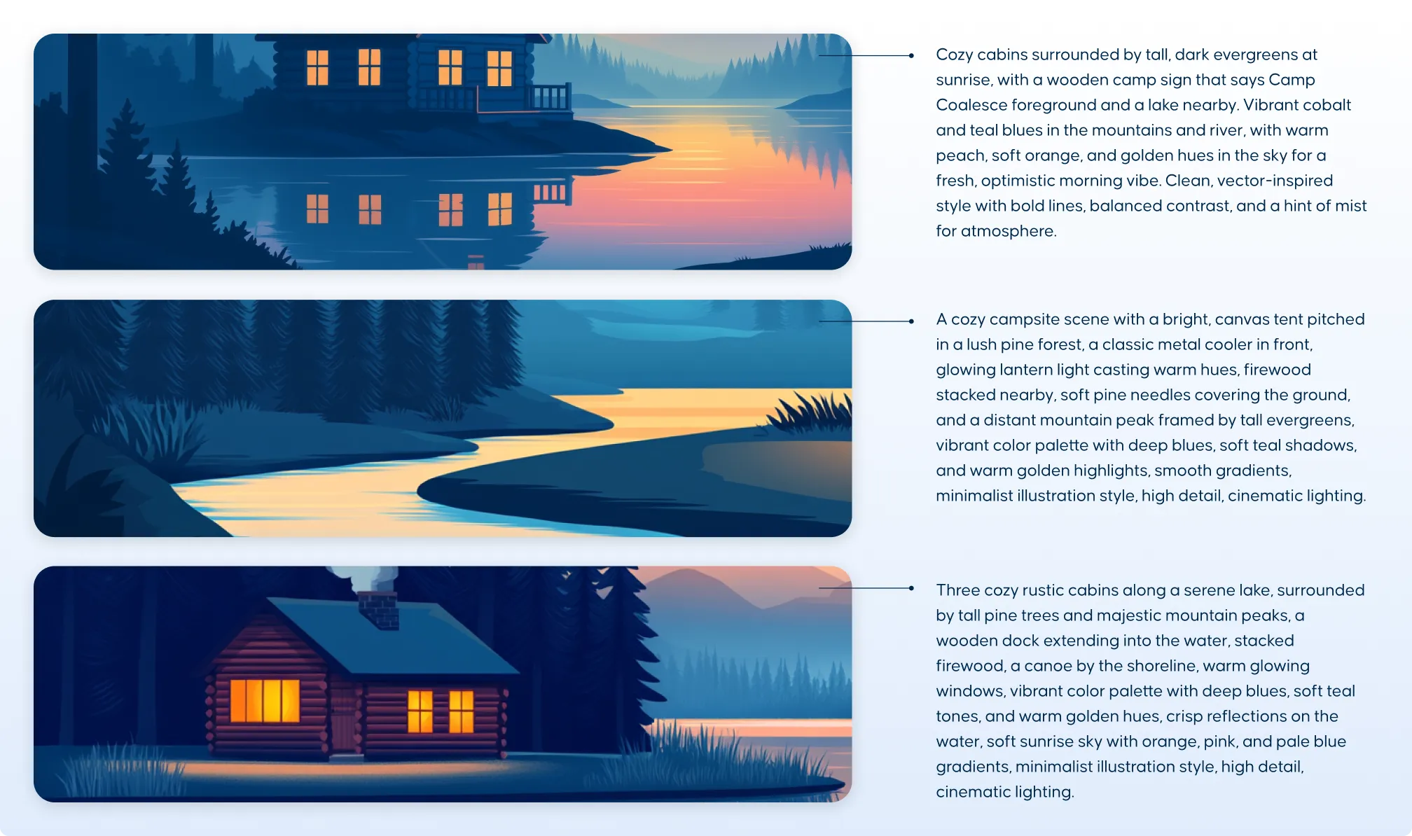 Camp Coalesce illustrated banner designs showing cabins by a lake at sunset.