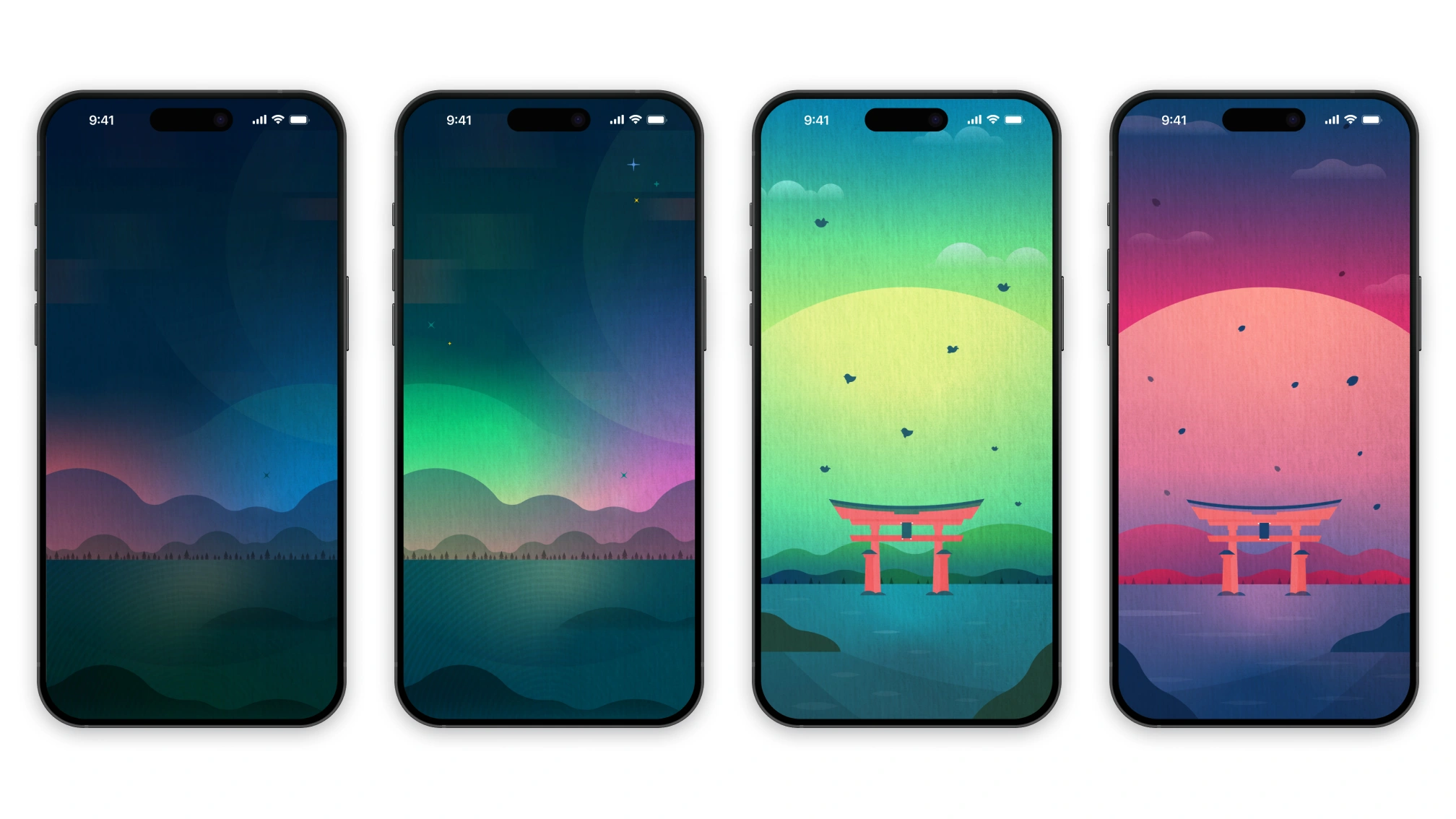 Set of illustrated mobile wallpapers featuring colorful gradients, skies, and abstract landscapes.