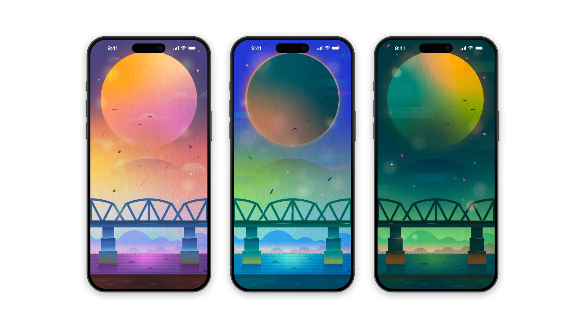 Set of illustrated mobile wallpapers featuring colorful gradients, skies, and abstract landscapes.