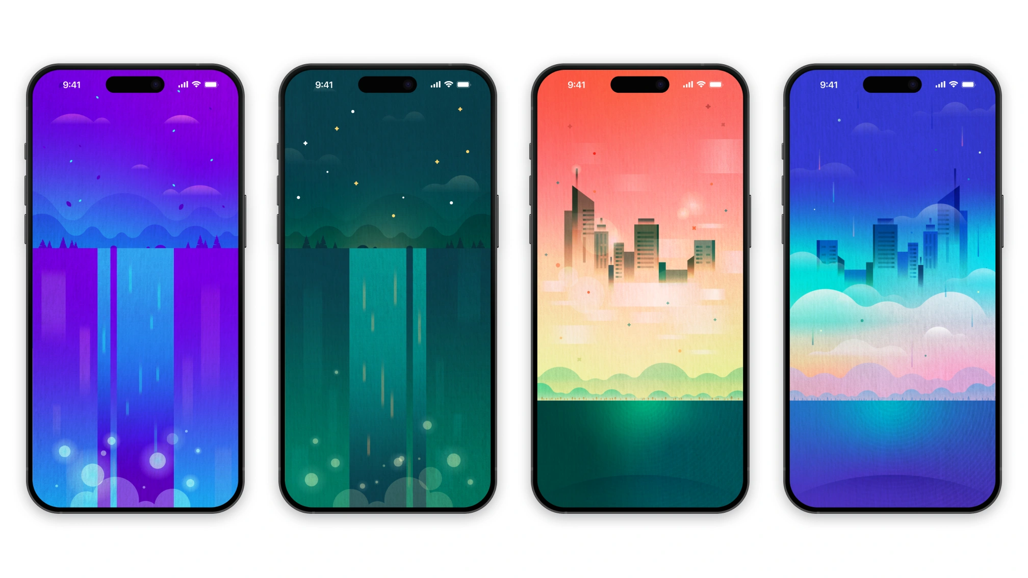 Set of illustrated mobile wallpapers featuring colorful gradients, skies, and abstract landscapes.