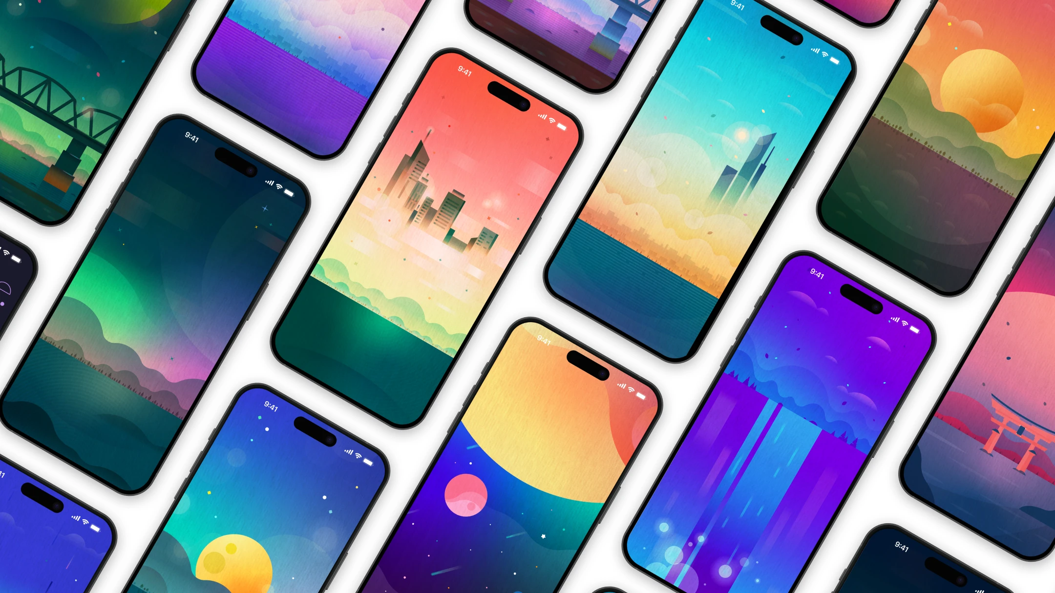 Set of illustrated mobile wallpapers featuring colorful gradients, skies, and abstract landscapes.