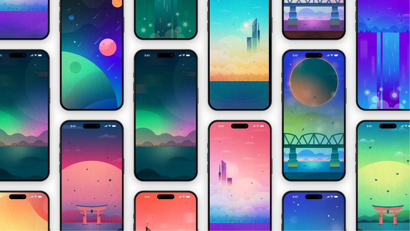 Set of illustrated mobile wallpapers featuring colorful gradients, skies, and abstract landscapes.