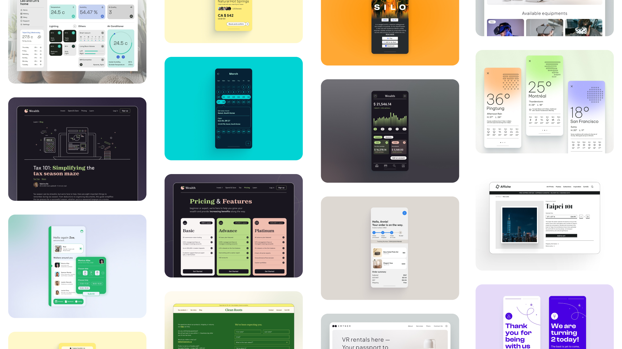UI design mockups from Spectrum project exploring adaptable interfaces across finance, e-commerce, entertainment, and lifestyle contexts.