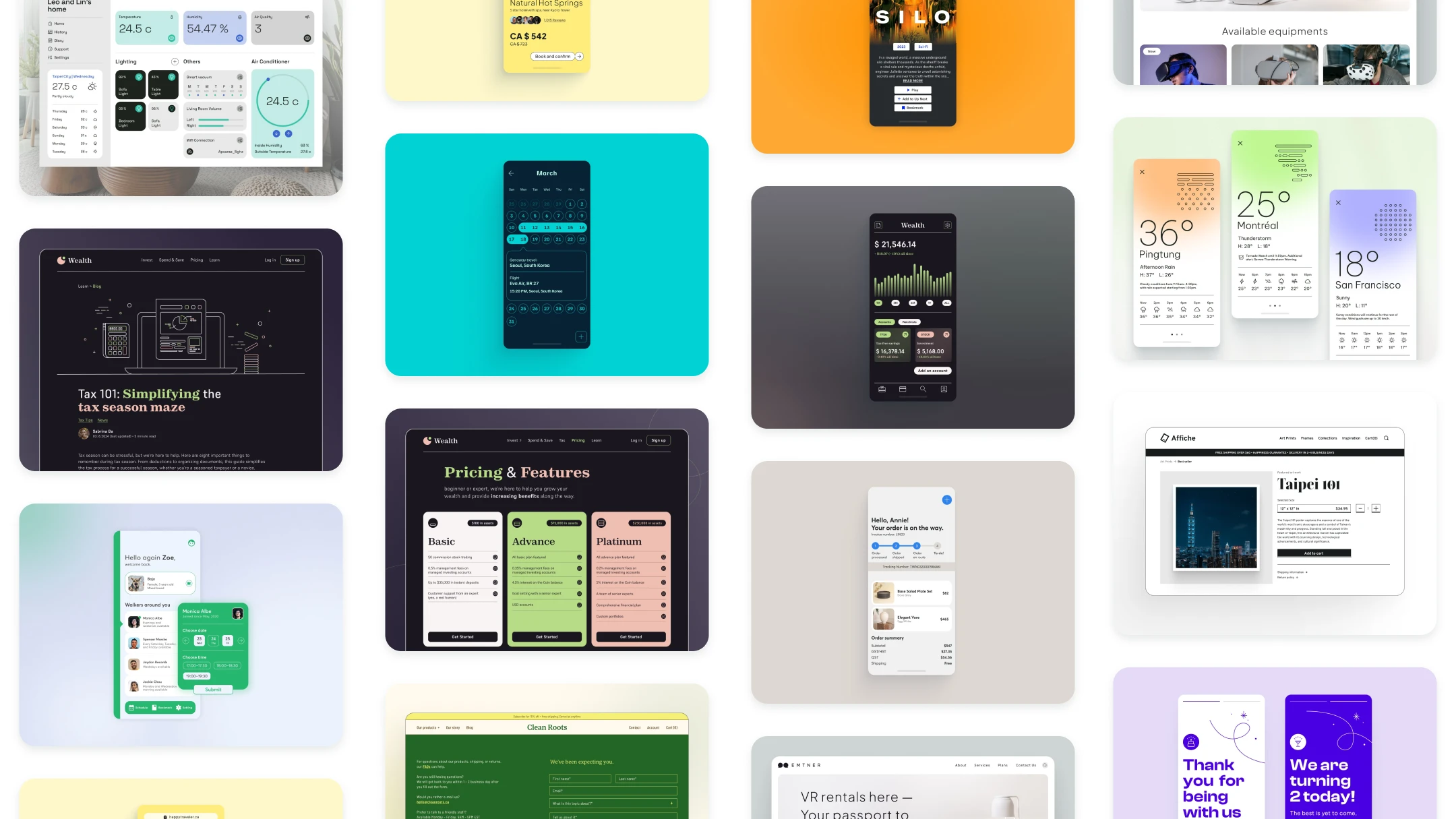 UI design mockups from Spectrum project exploring adaptable interfaces across finance, e-commerce, entertainment, and lifestyle contexts.
