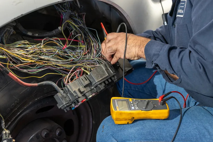 Technician tests for parasitic drains using a multimeter on a complex fuse panel with exposed wiring.