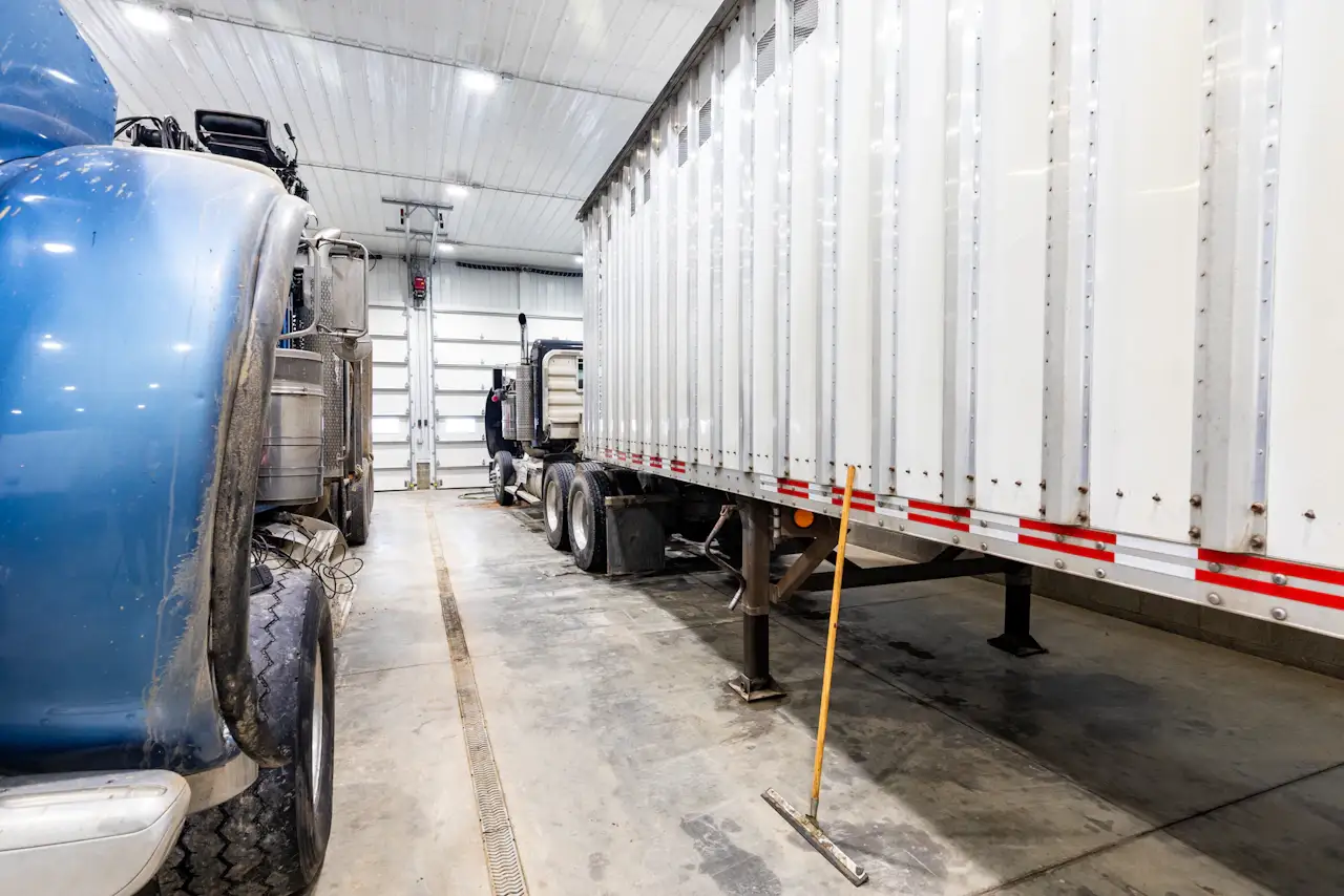 Trailer repair with a semi-trailer in a heavy-duty service bay for maintenance and inspection.