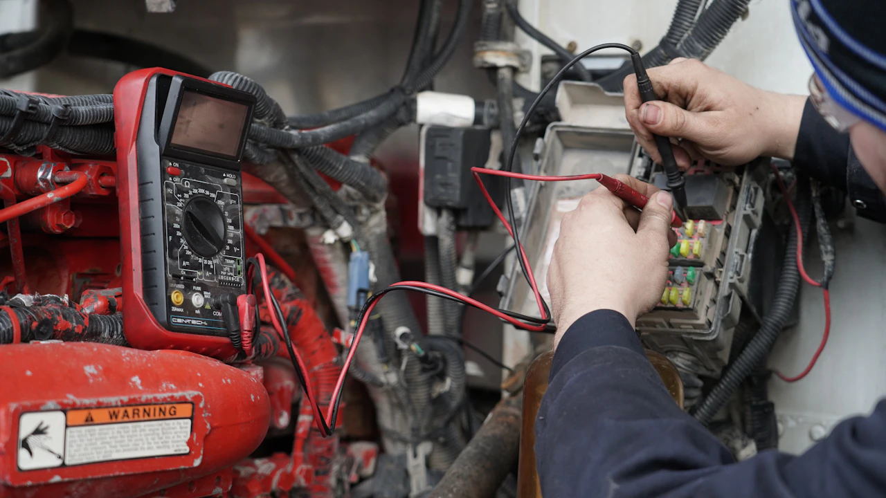 Diagnostics computer displays heavy-duty truck engine data and fault readings during repair service.