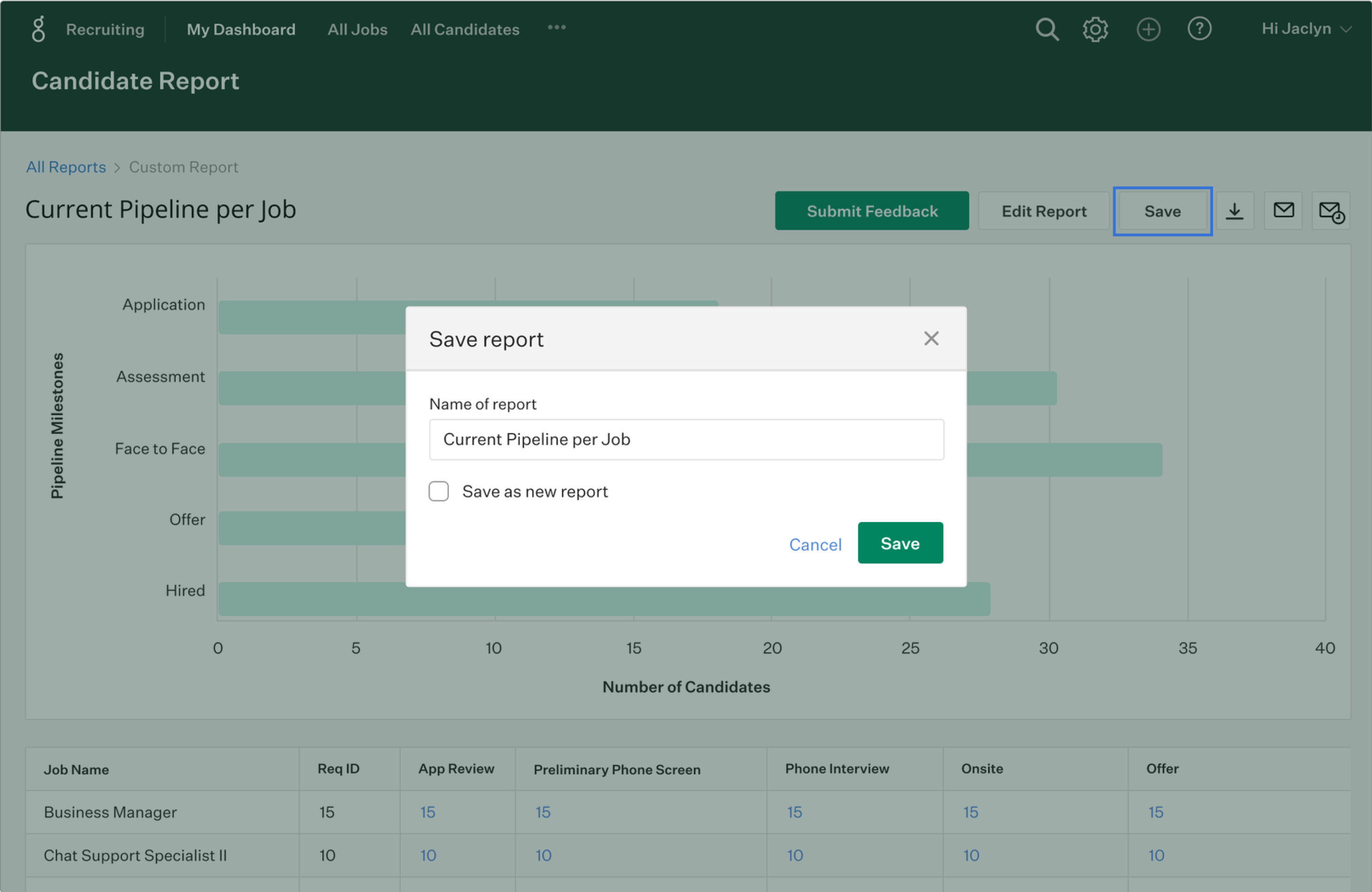Report Builder user interface image. Depicts the save report popup modal.