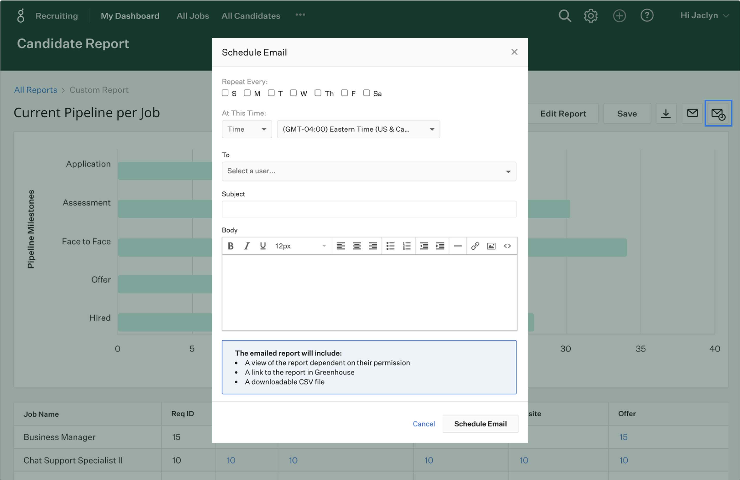 Report Builder user interface image. Depicts the schedule email of a report popup modal.