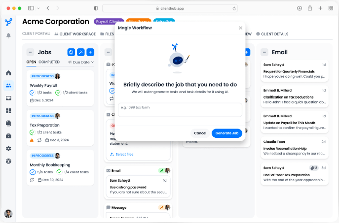 Client Hub accounting workflow dashboard