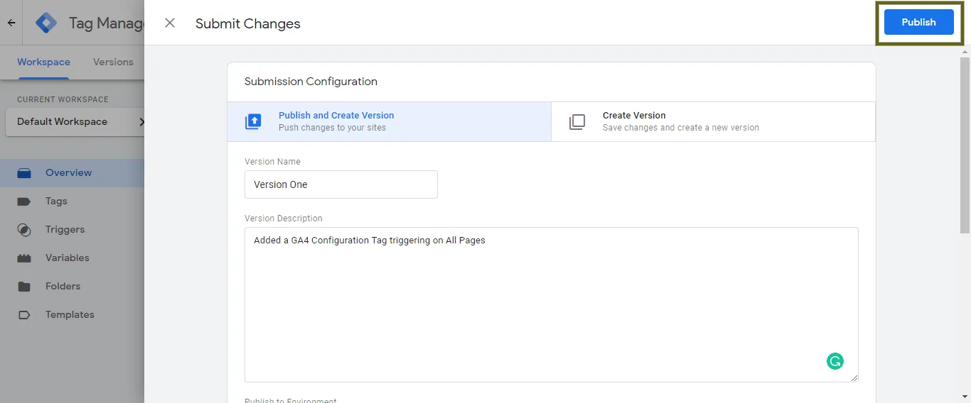 Tag Manager - Version Name - Detailed Description - Publish