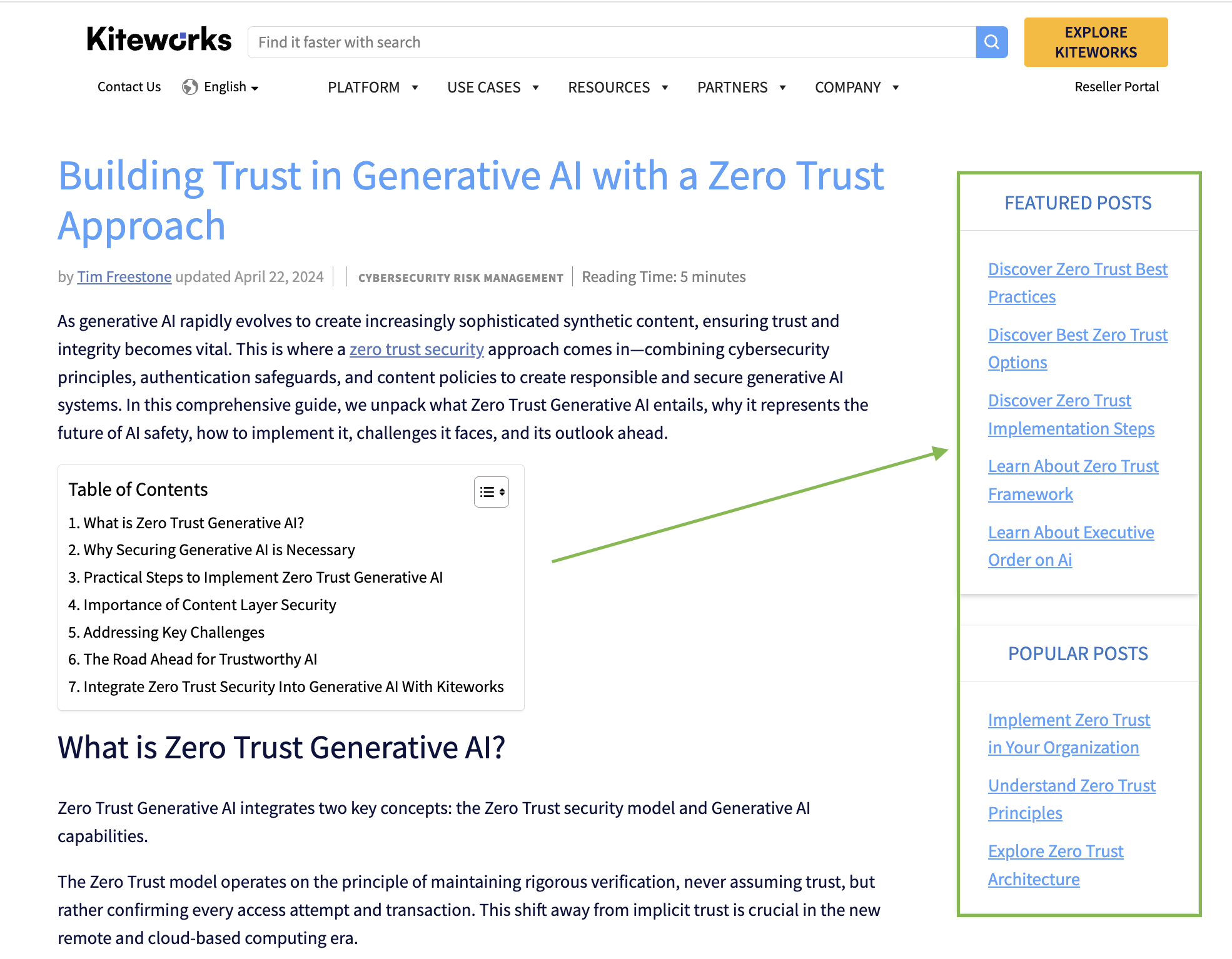 A Kiteworks blog page showing the 'Featured Posts' and 'Popular Posts' modules in the right sidebar, an example of Quattr's autonomous internal linking implementation.