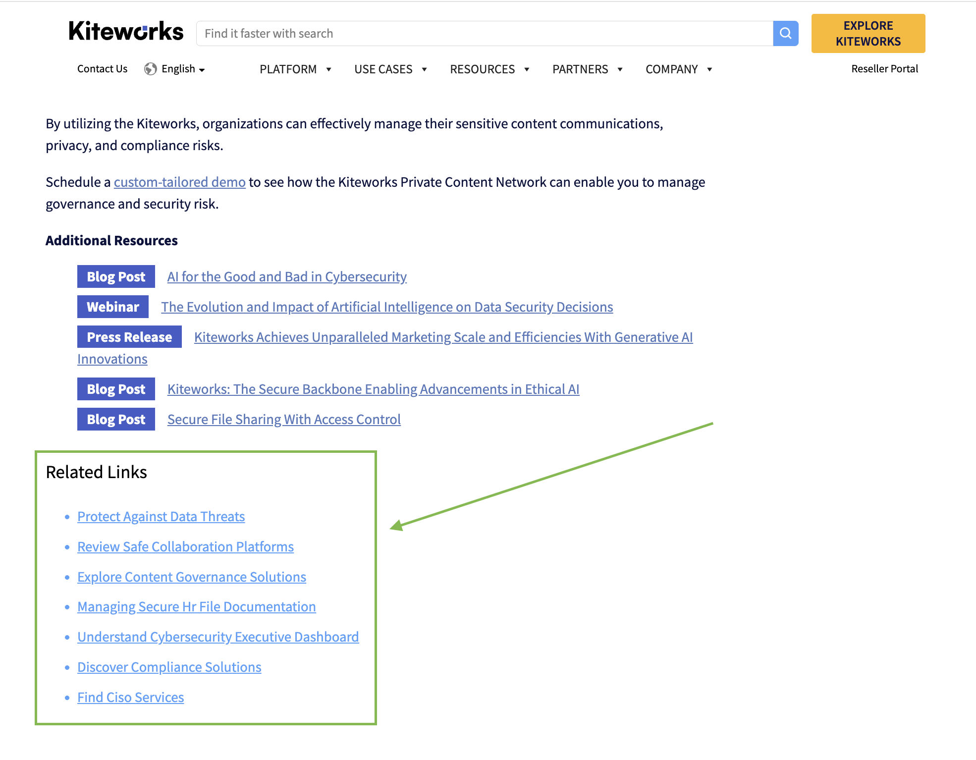 A Kiteworks blog page showing the 'Related Links' modules at the end of blog, an example of Quattr's autonomous internal linking implementation.